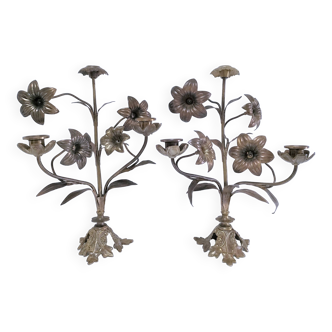 Pair of chandeliers brass bronze floral decoration