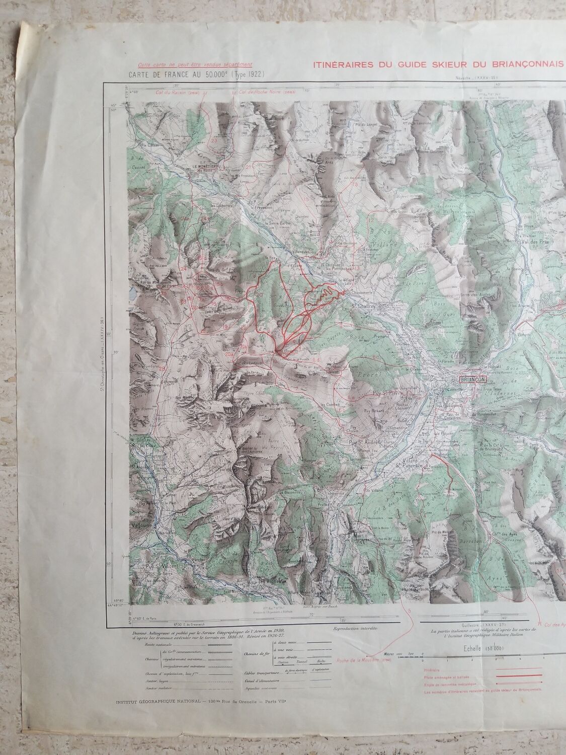 Map old staff IGN Briançon ski routes - Blachère ca 1945