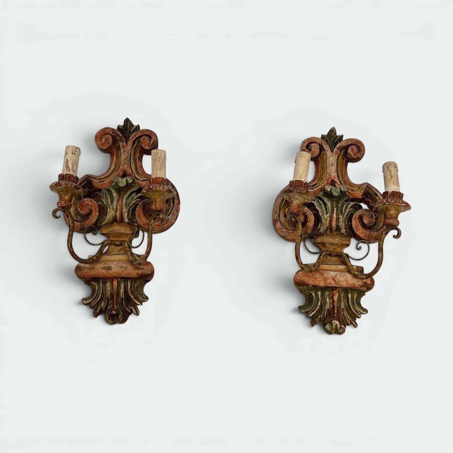 Pair of Polychrome Carved Wood Wall Lights with Vase and Acanthus. Arm in Iron.