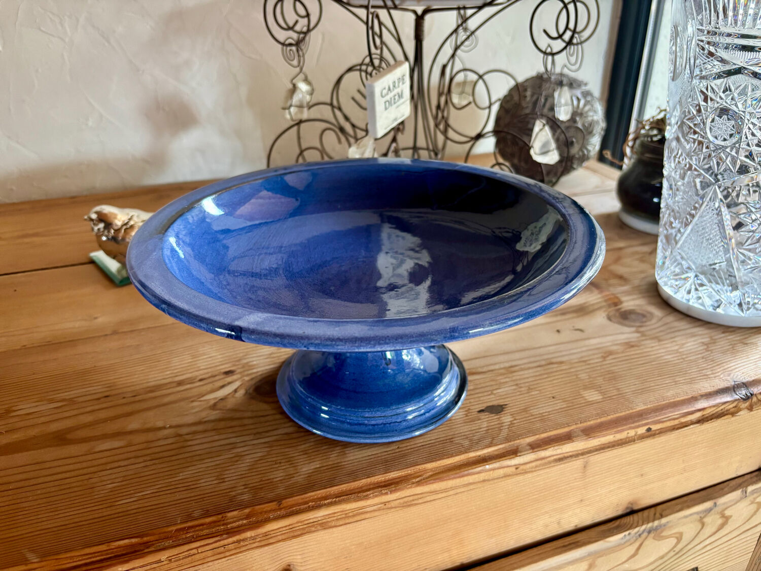 Vintage blue fruit bowl 1980s enamelled stoneware