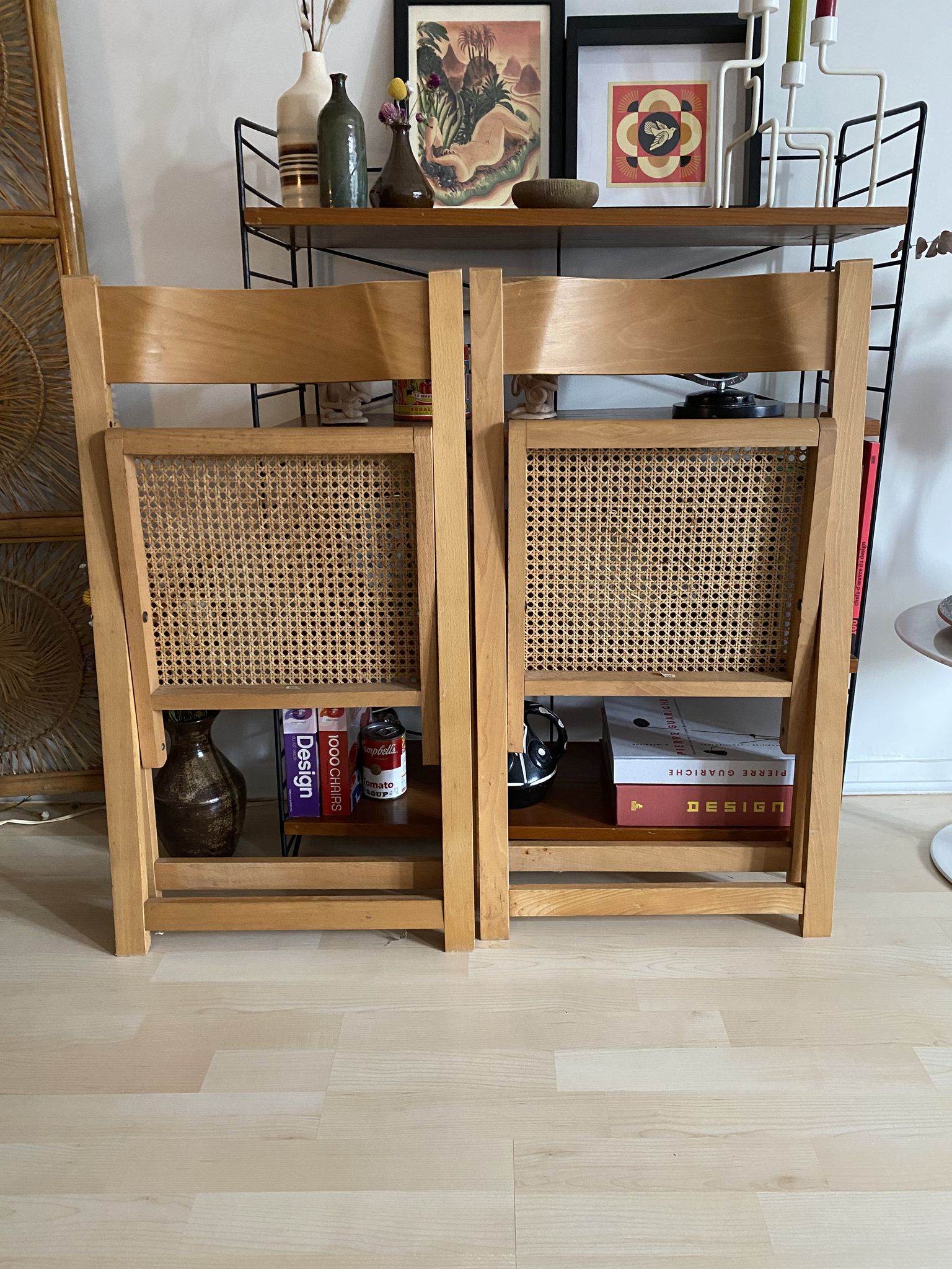 Duo of Italian chairs wood and cannage of the 60s