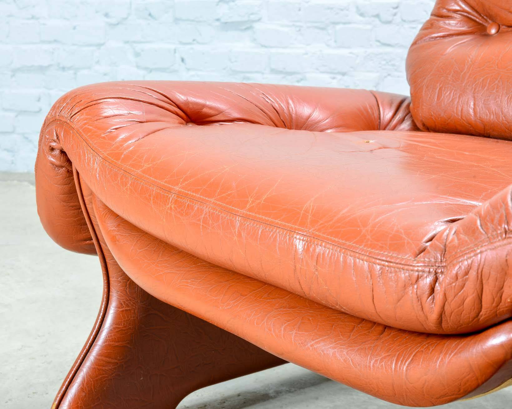 Brutalist Sculptured Brazilian Style Cognac Leather Lounge Chair, 1970s