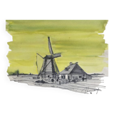 Painting "mill in harlingen" (netherlands) jean-francois devaliere (1926-2021)