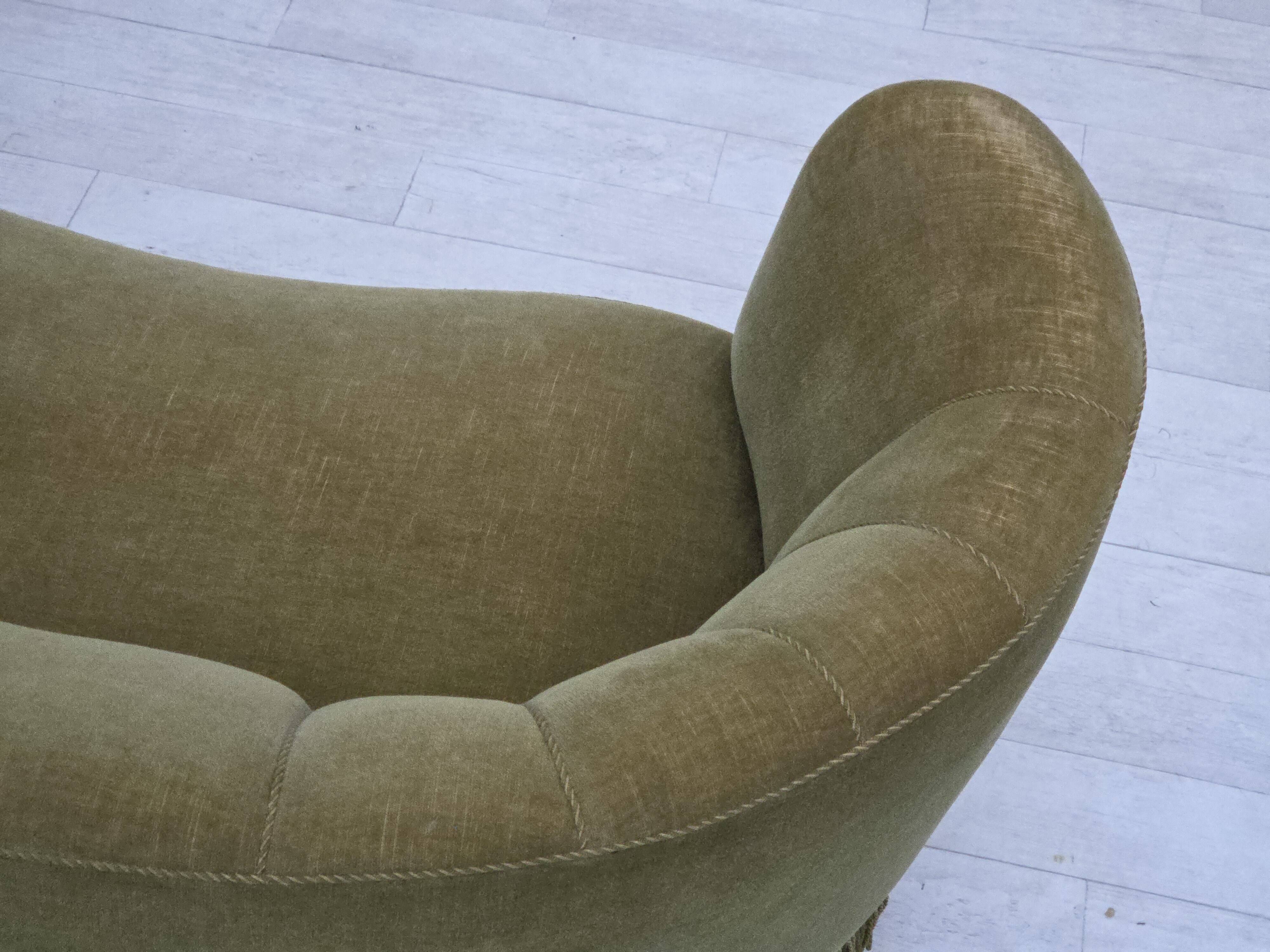 1960s, Danish 2-seater "Banana" sofa, original green furniture velour.