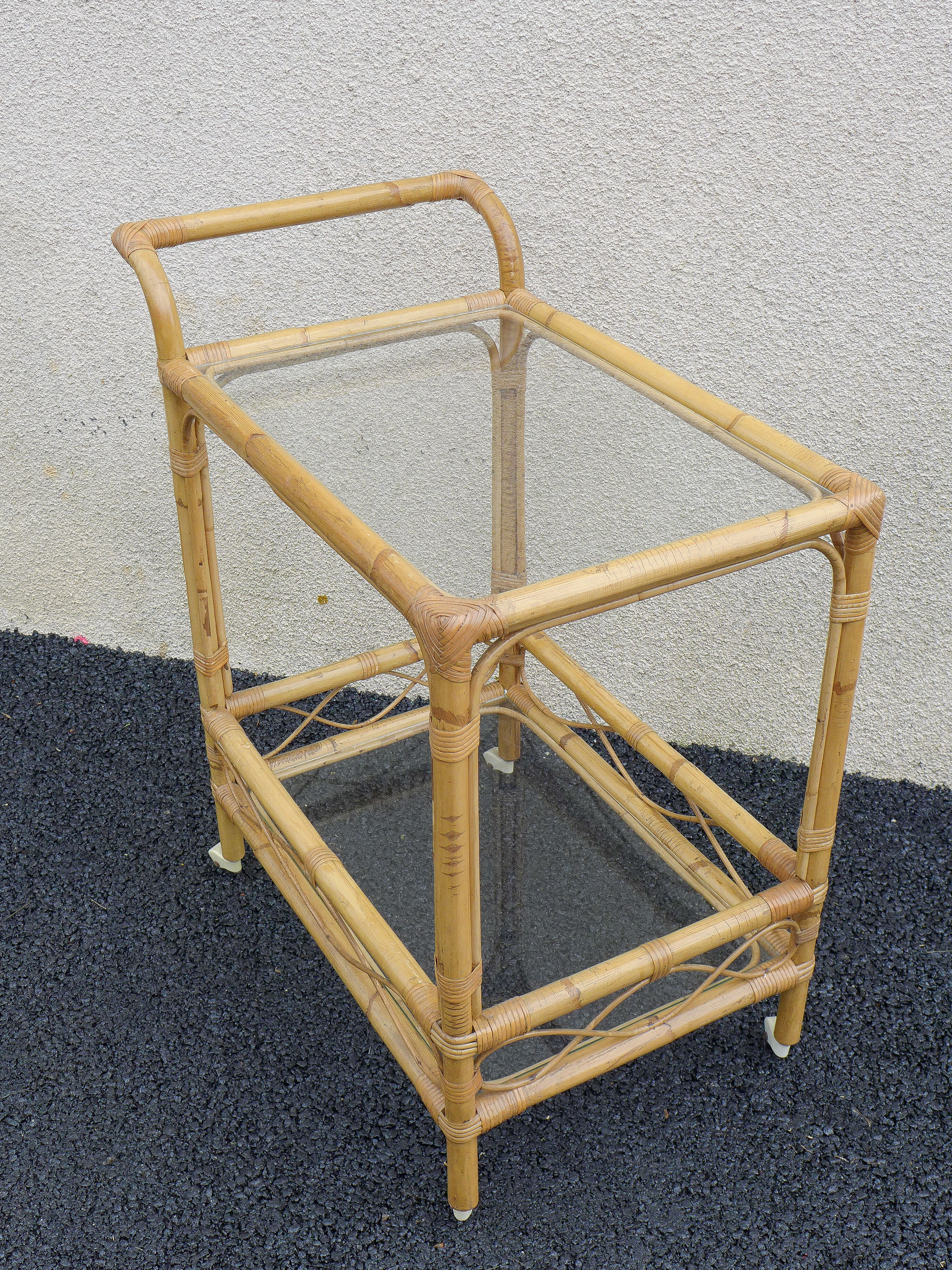 Bamboo service, wheeled cart, rolling bar, bar, vintage dessert