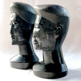 Two large Makonde warrior heads in ebony circa 1940