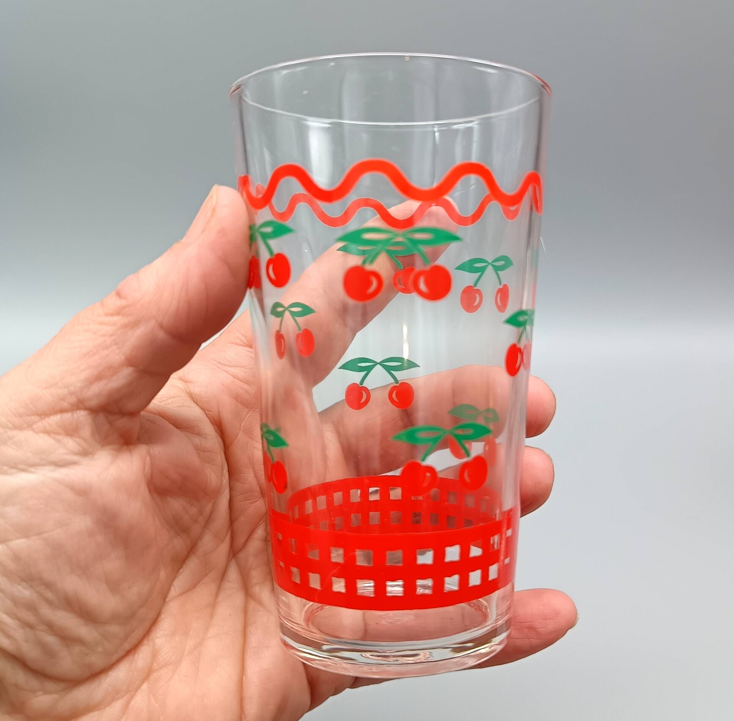 Vintage cherry ORANGEADE SET, 6 glasses and pitcher, France, VMC