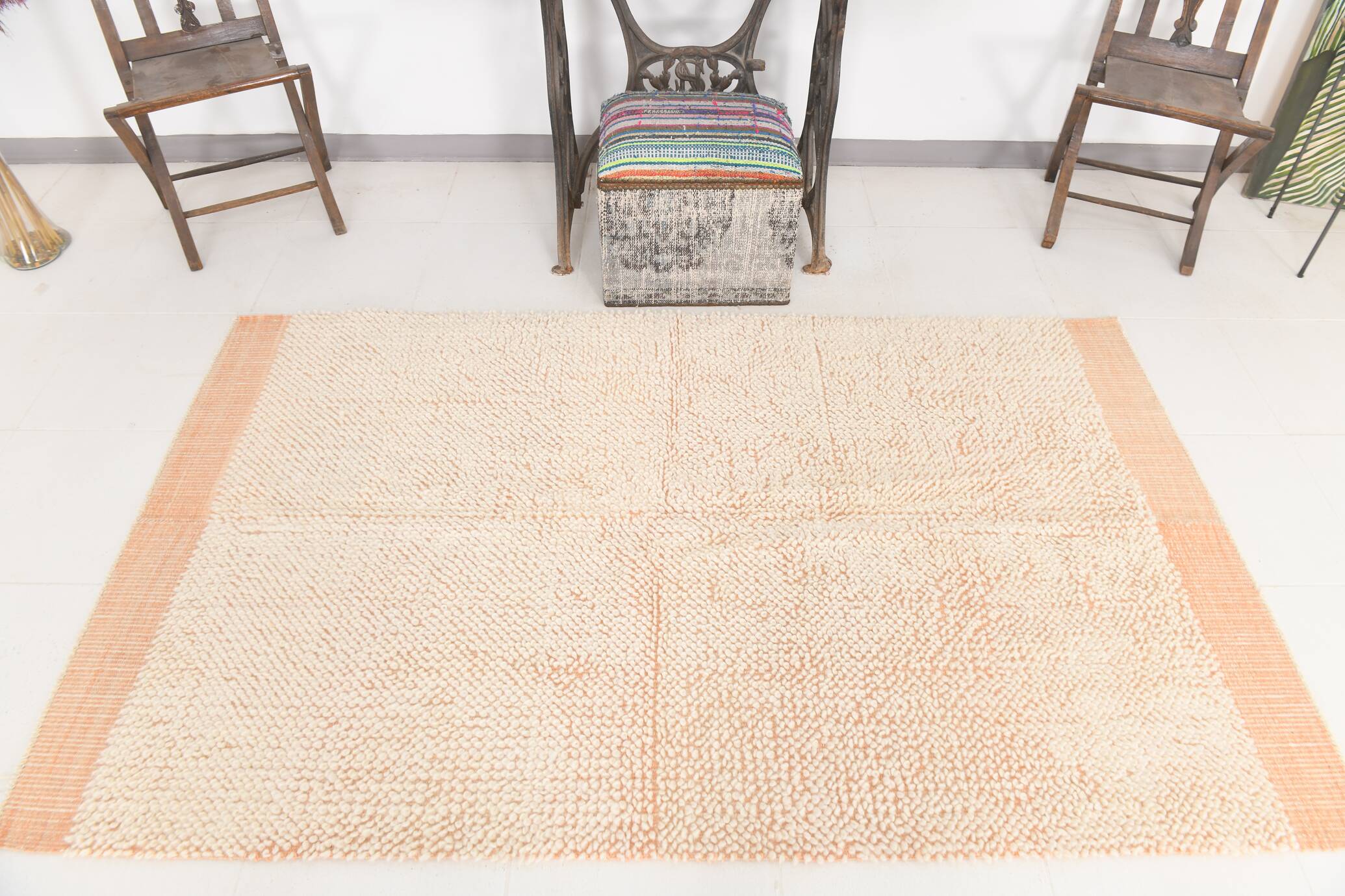 4x7 Salmon Beige Handmade Turkish Vintage Rug