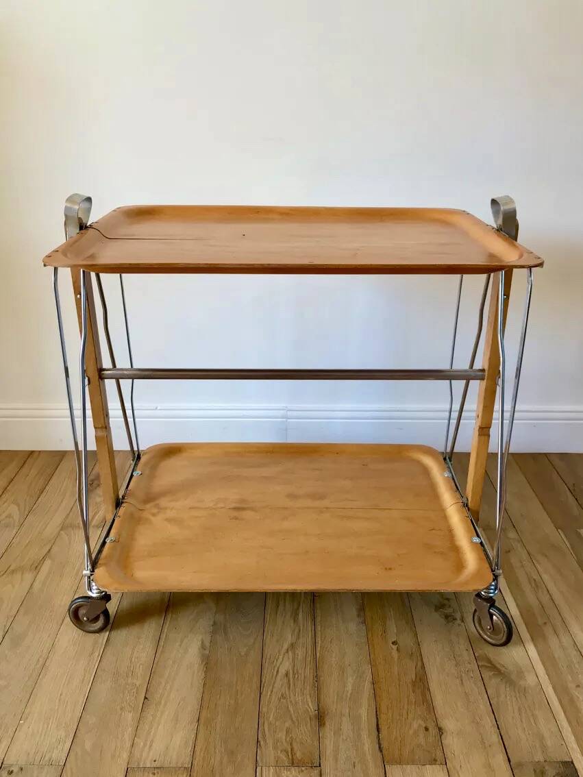 Metal trolley in beech wood and metal upright from the 60s