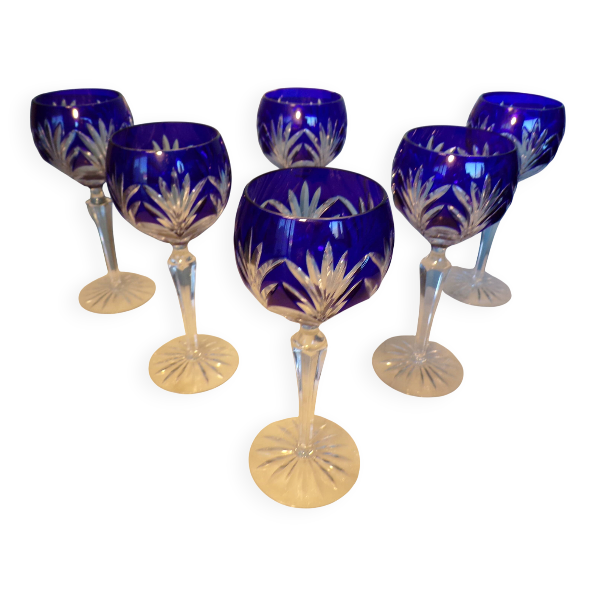 6 cut crystal cobalt blue wine glasses h=20cm