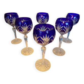 6 cut crystal cobalt blue wine glasses h=20cm