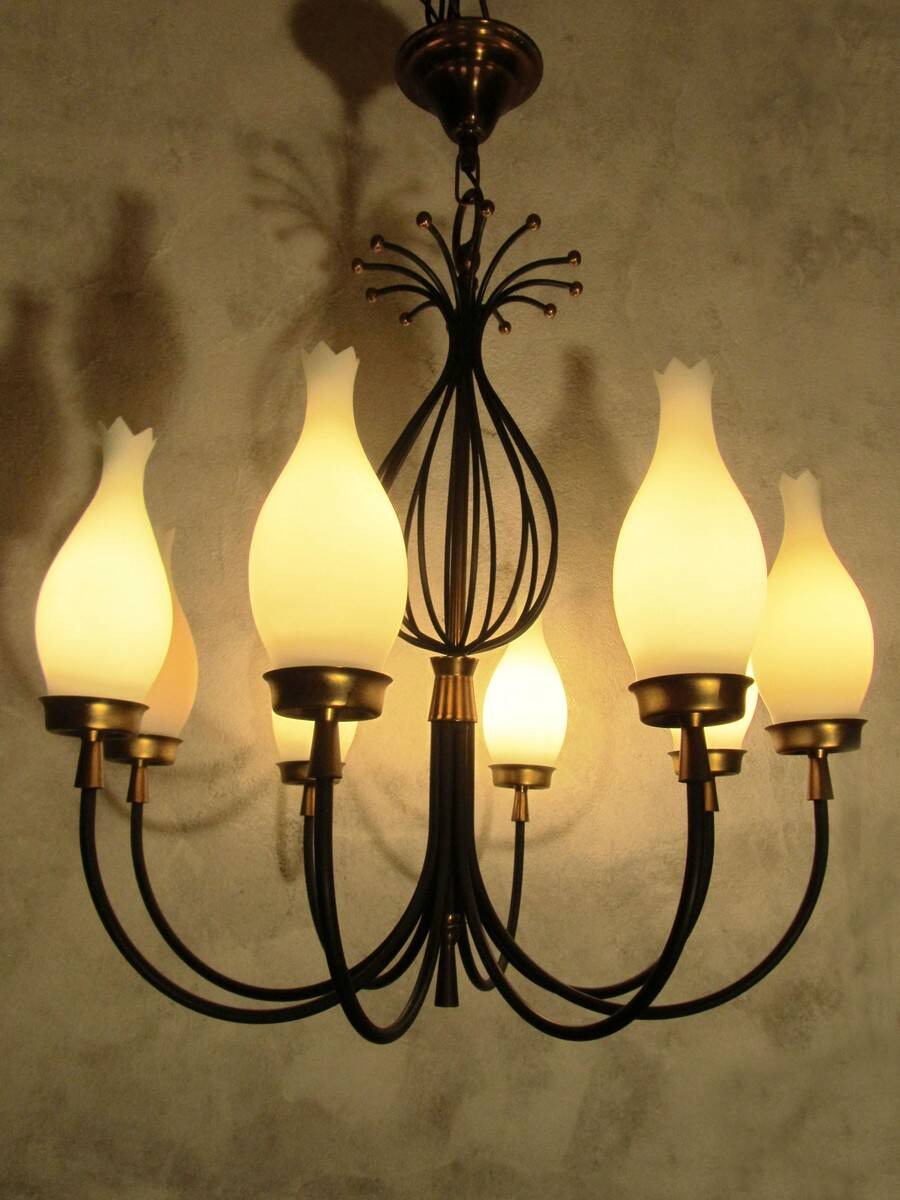 Set of 2 Italian design chandeliers in style of Stilnovo/ Arredoluce, 1950s