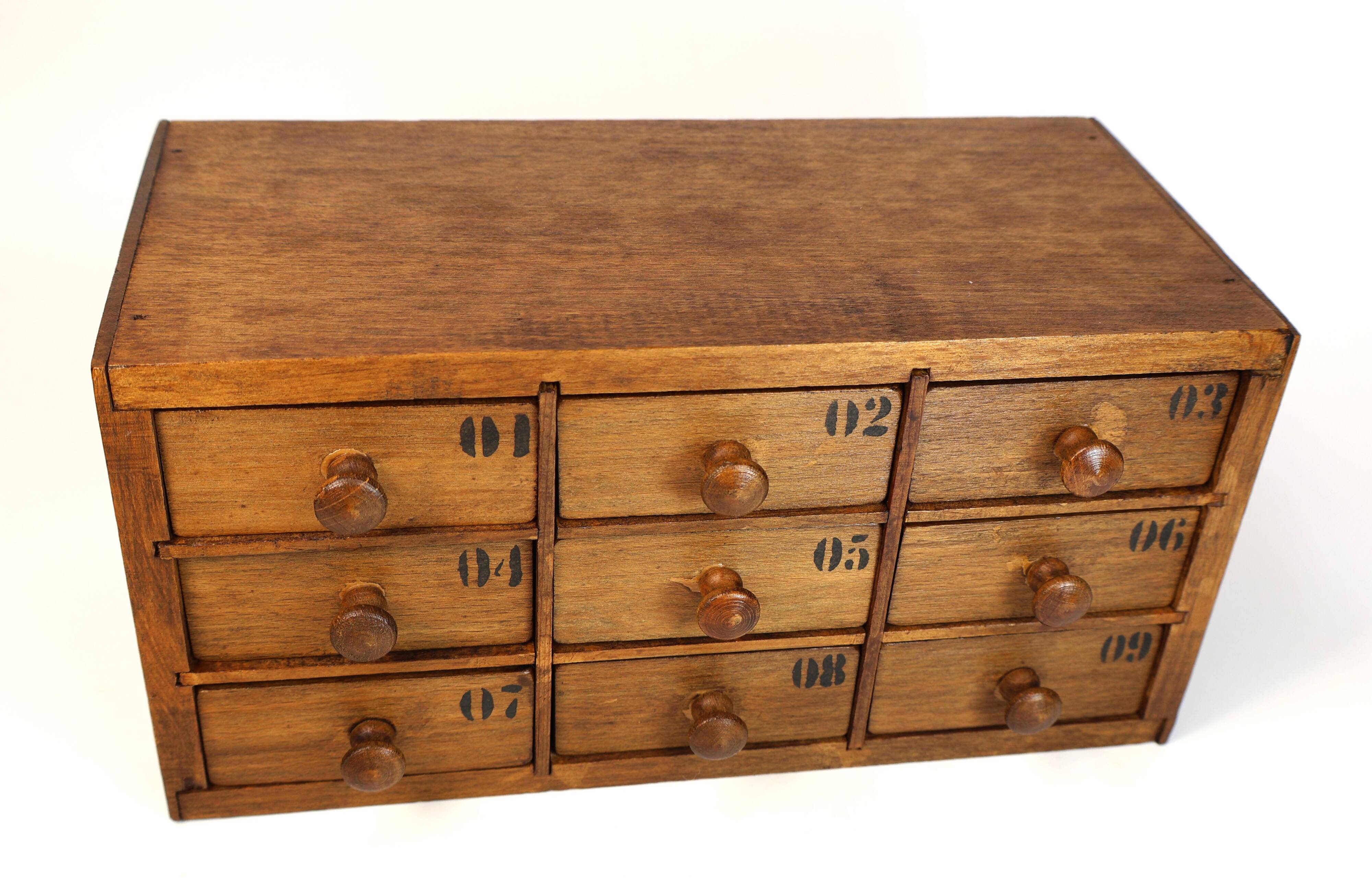 Small drawer unit, vintage wooden watchmaker's chest.