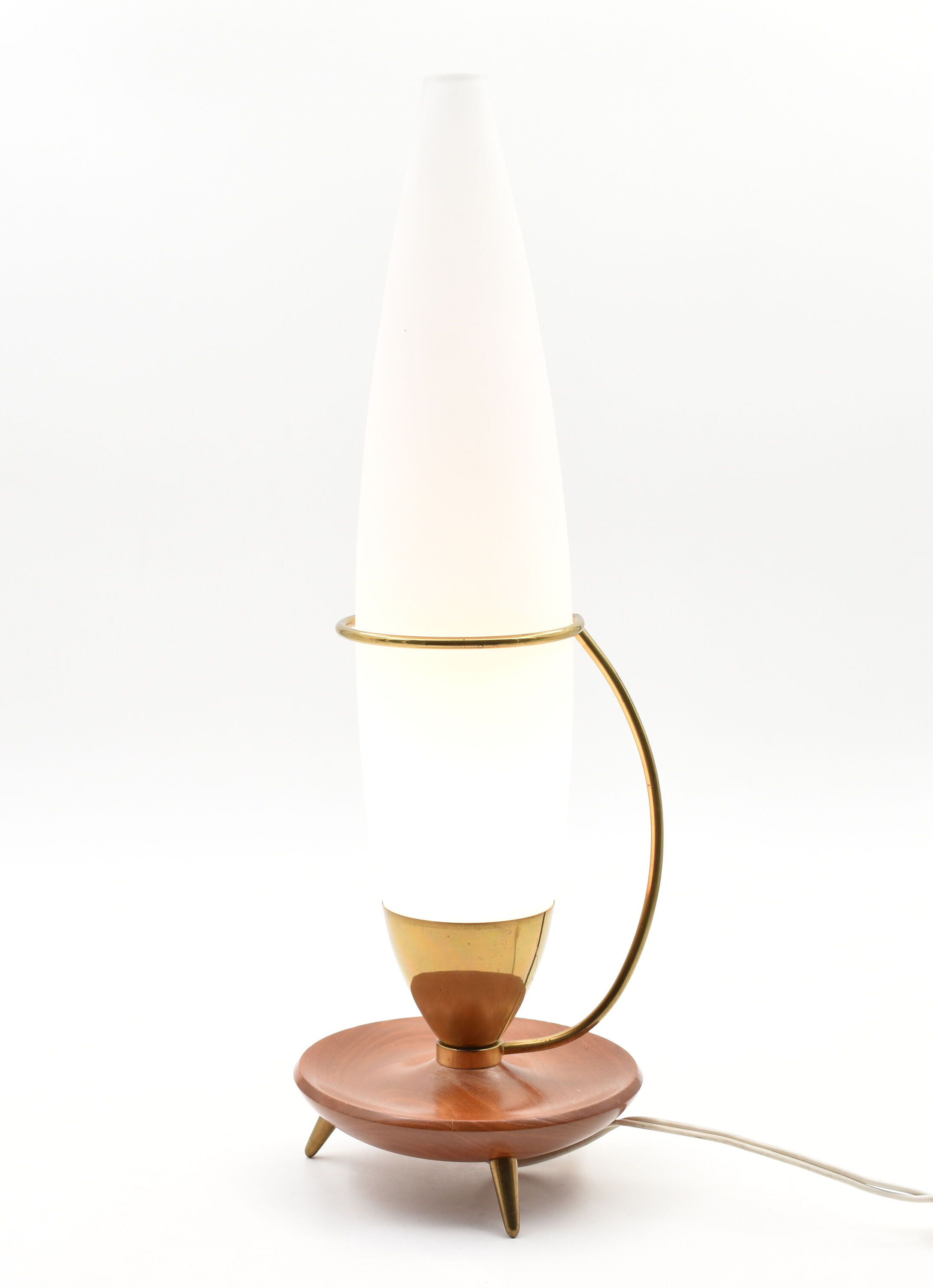 Lamp tripod vintage teak brass opaline