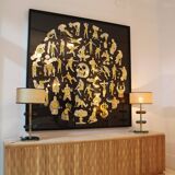 Italian Oak Wood Sideboard with Hand Carved Patterns and Travertine Marble Top