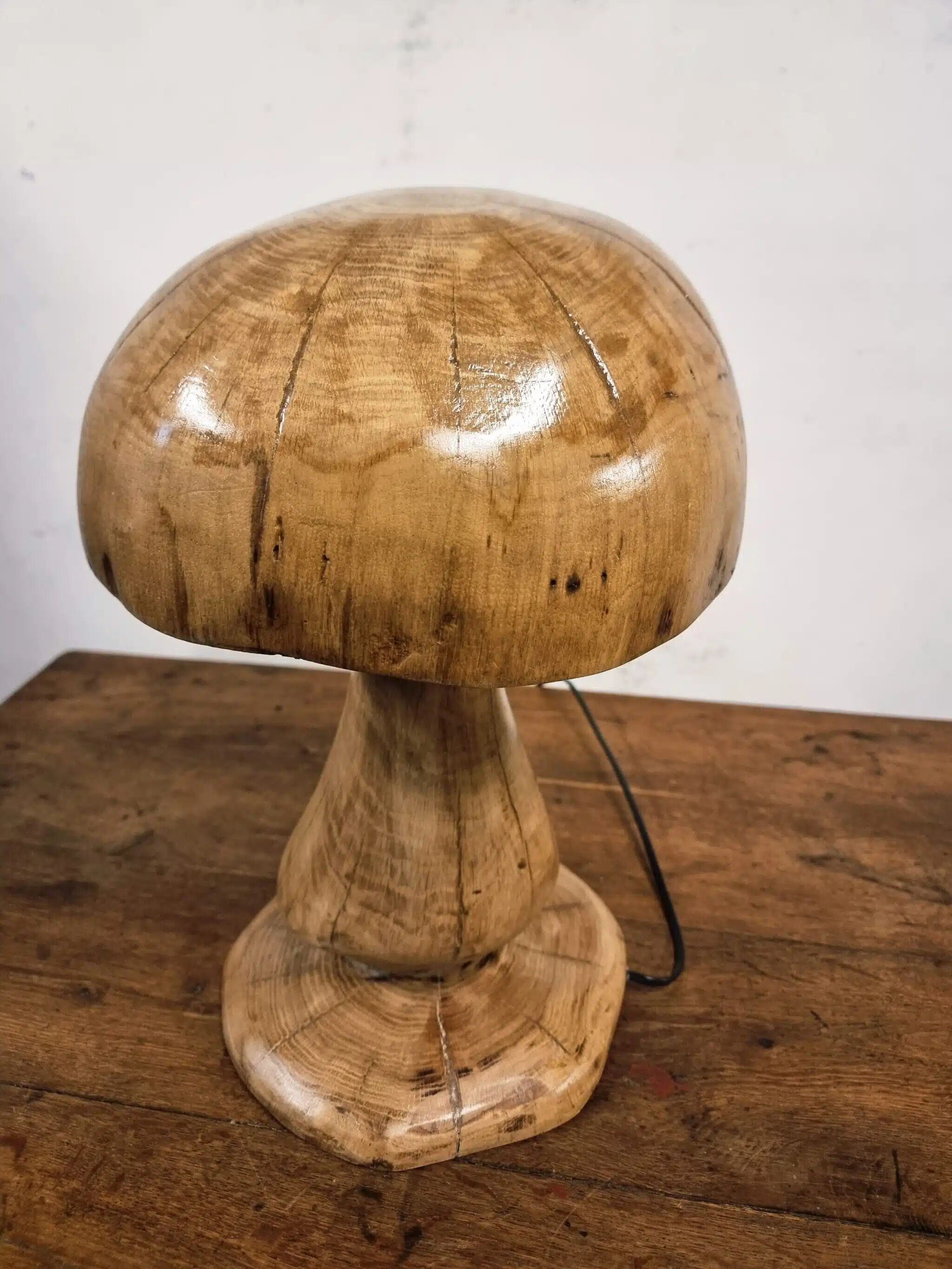 Hand-carved oak table lamp in the shape of a mushroom