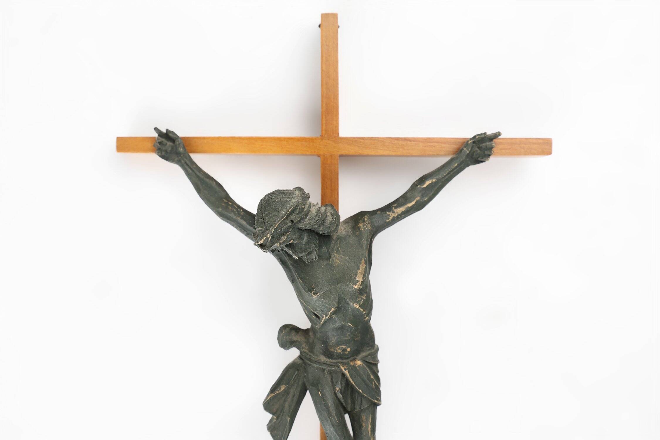 Antique Realistic Wooden Crucifix, France, 1850