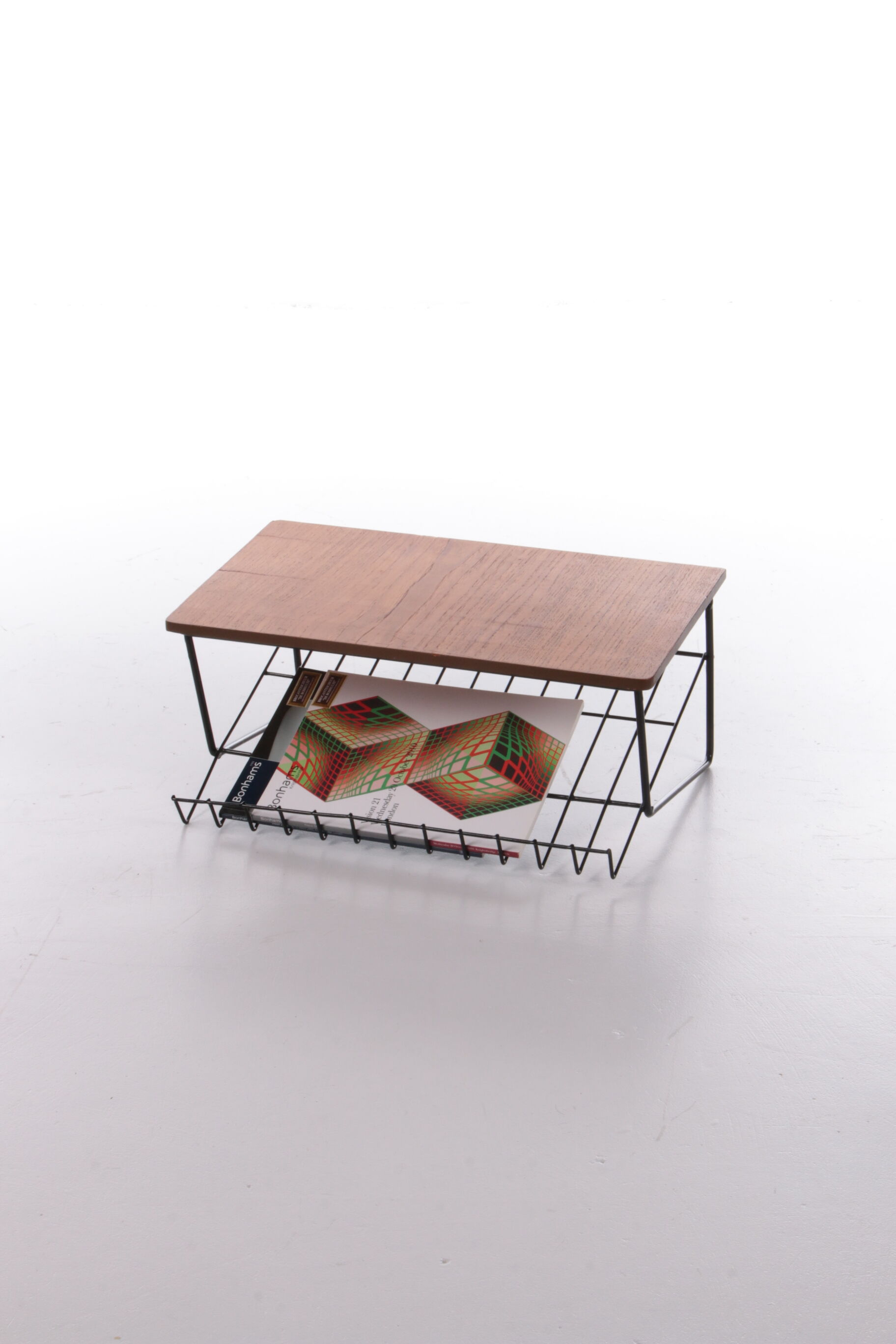 Vintage magazine rack made of metal and wood, 1960s