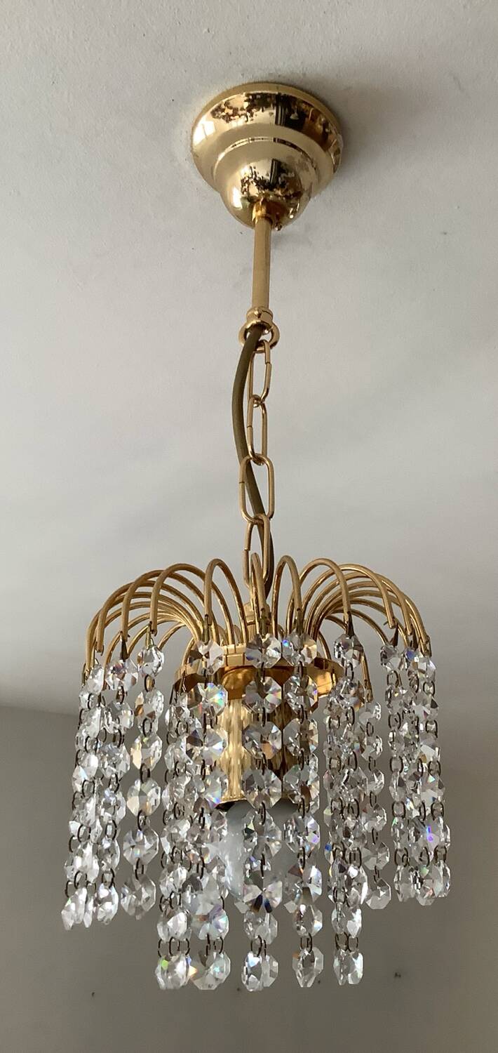 Small vintage brass chandelier with crystal droplets