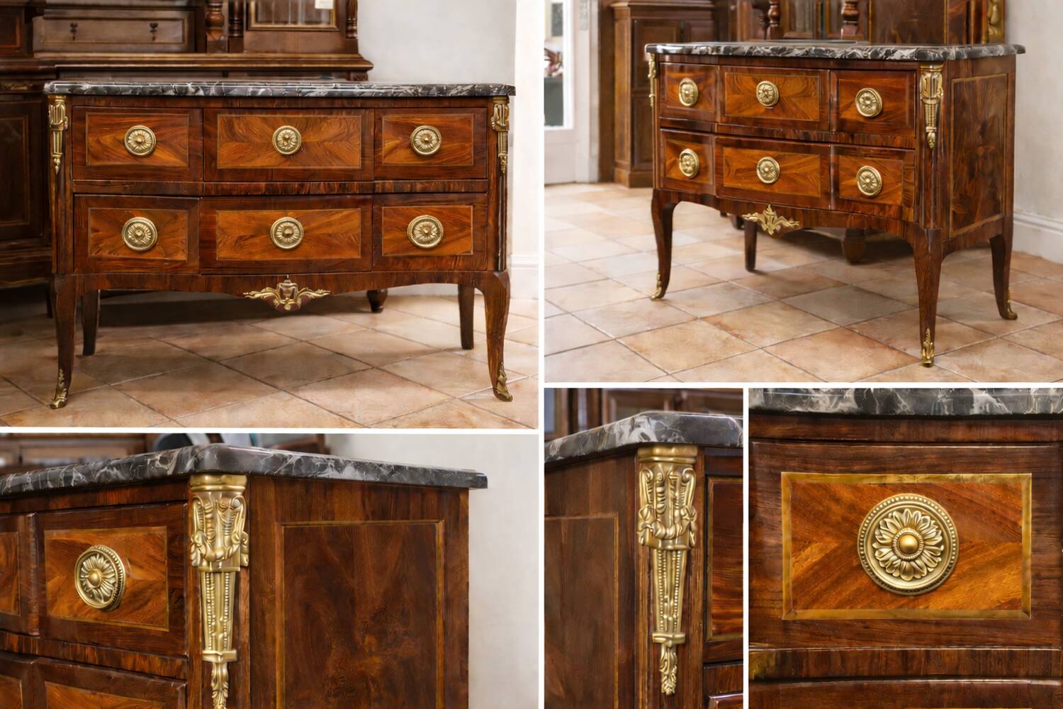 Small Louis XV transitional chest of drawers – precious wood veneer and marble.