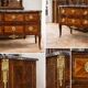 Small Louis XV transitional chest of drawers – precious wood veneer and marble.