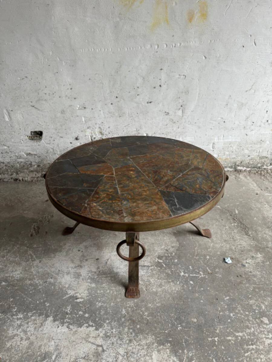 1970s Brutalist Round Coffee Table – Grey Slate Top with Copper-Tone Wrought Iron Frame