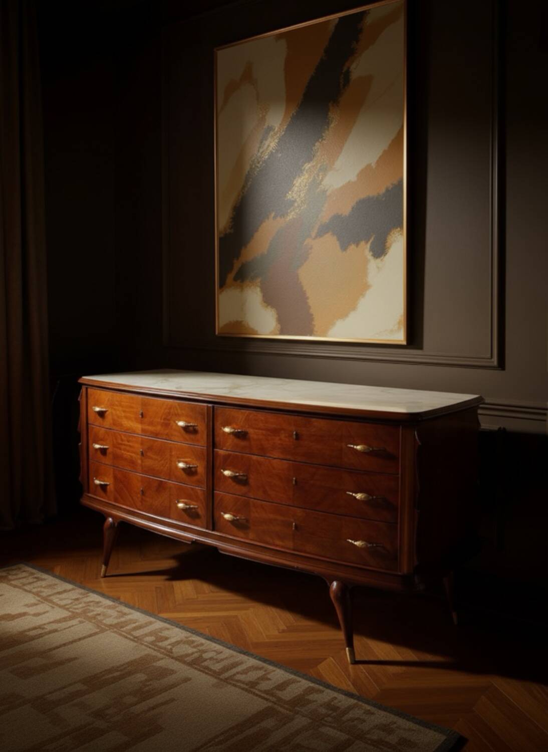 Commode en placage de palissandre avec plateau en onyx vert