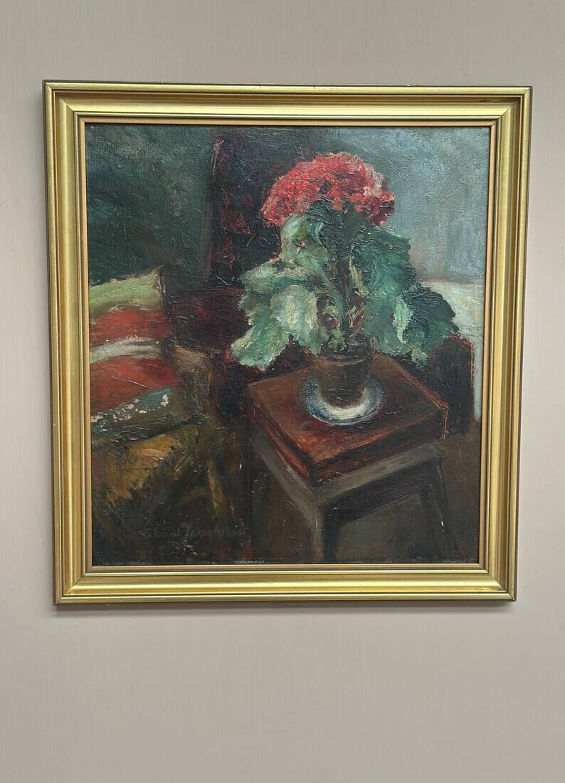 Original Swedish Oil on Panel - "Cineraria i Kruka" by Elna Jacobsson - Signed - Vintage and Framed - 48 × 43.5 cm (18.9" × 17.1")
