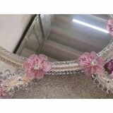 Classic Italian Venetian Oval Pink Floral Mirror in Hand-Carved Murano Glas