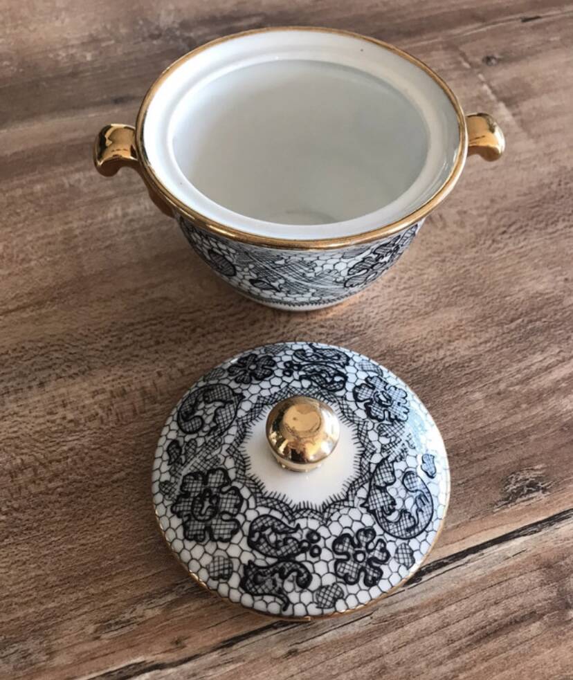Limoges sugar bowl hand-painted Le Tallec x Rochas Paris vintage 1950s