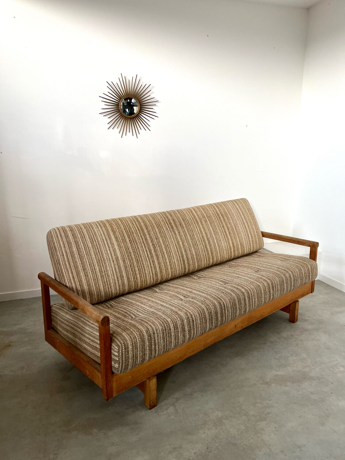 Old wooden sofa vintage brutalist design 60s