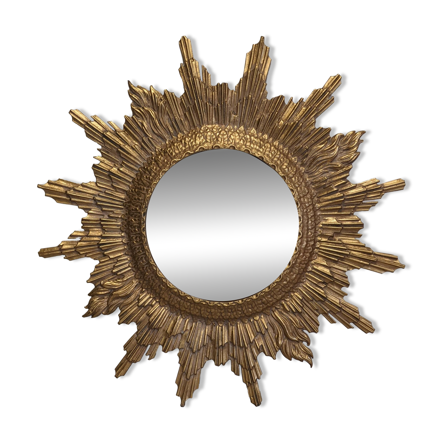 Gold metal sun mirror and witch's eye XL, Italy circa 1970.