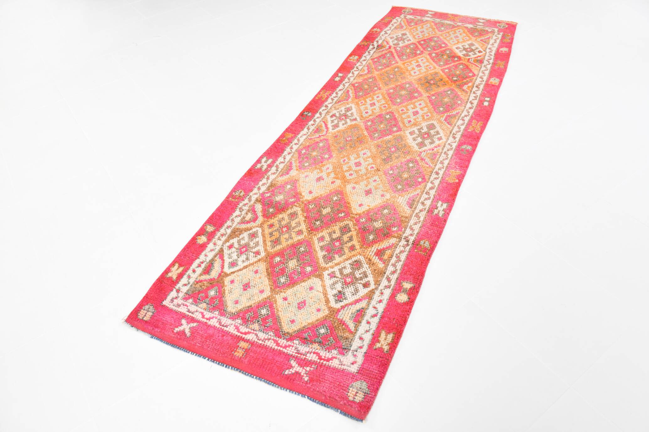 Red & Brown Geometric Vintage Runner Rug, 93x290Cm