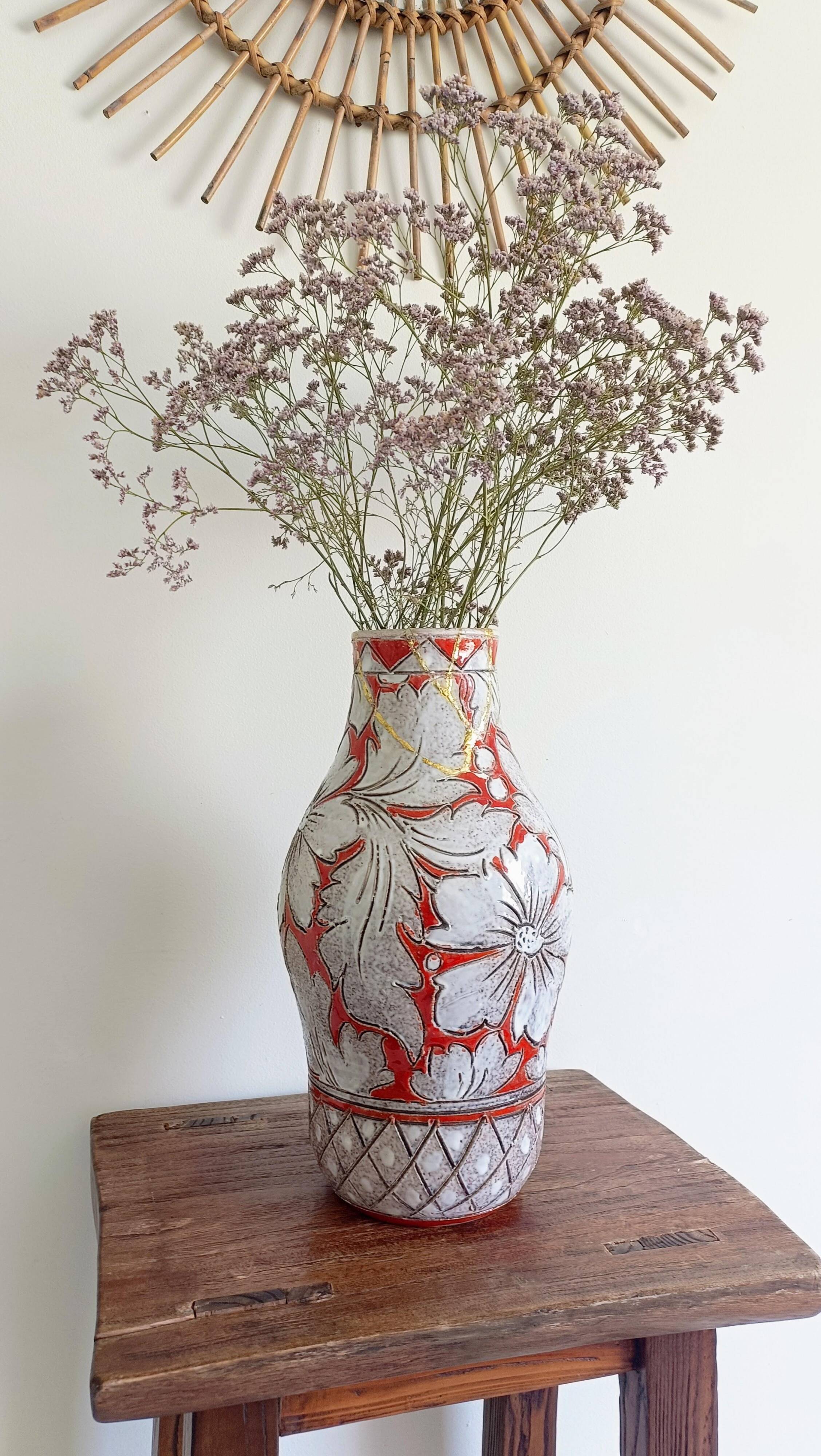 Large Fratelli Fanciullacci Sgraffito Ceramic Vase, Restored Kintsugi-Style