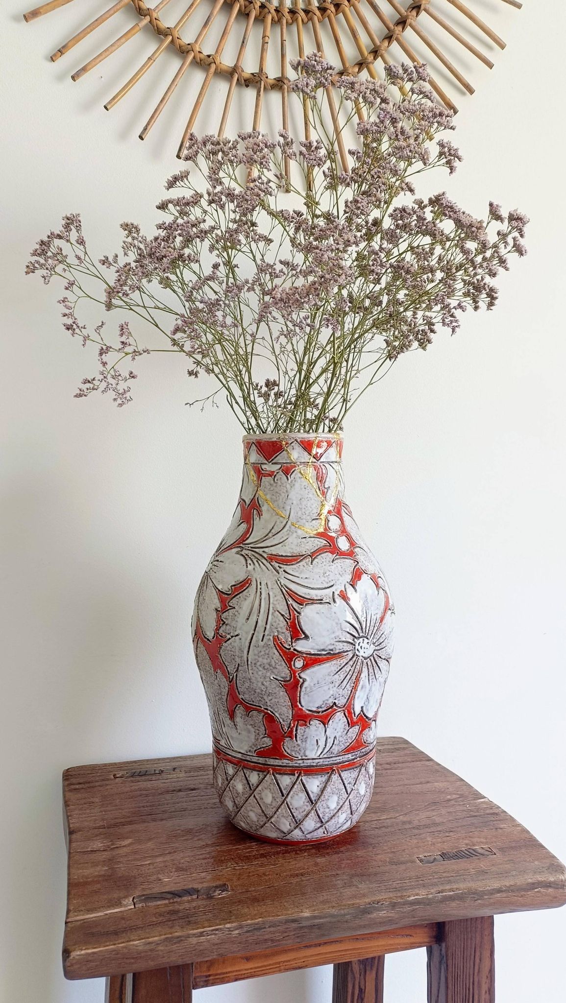 Large Fratelli Fanciullacci Sgraffito Ceramic Vase, Restored Kintsugi-Style