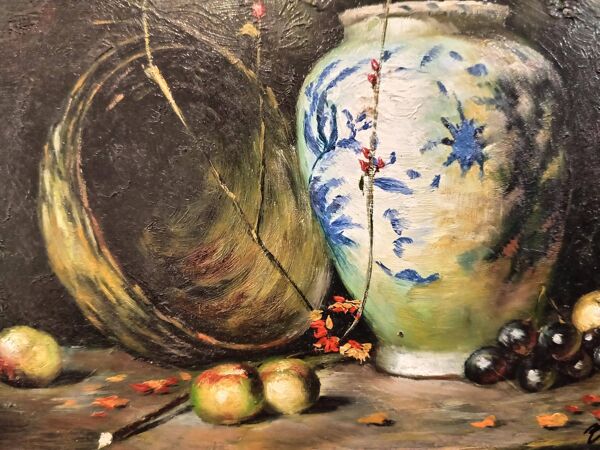 Petite huile sur panneau , nature morte début XXe.