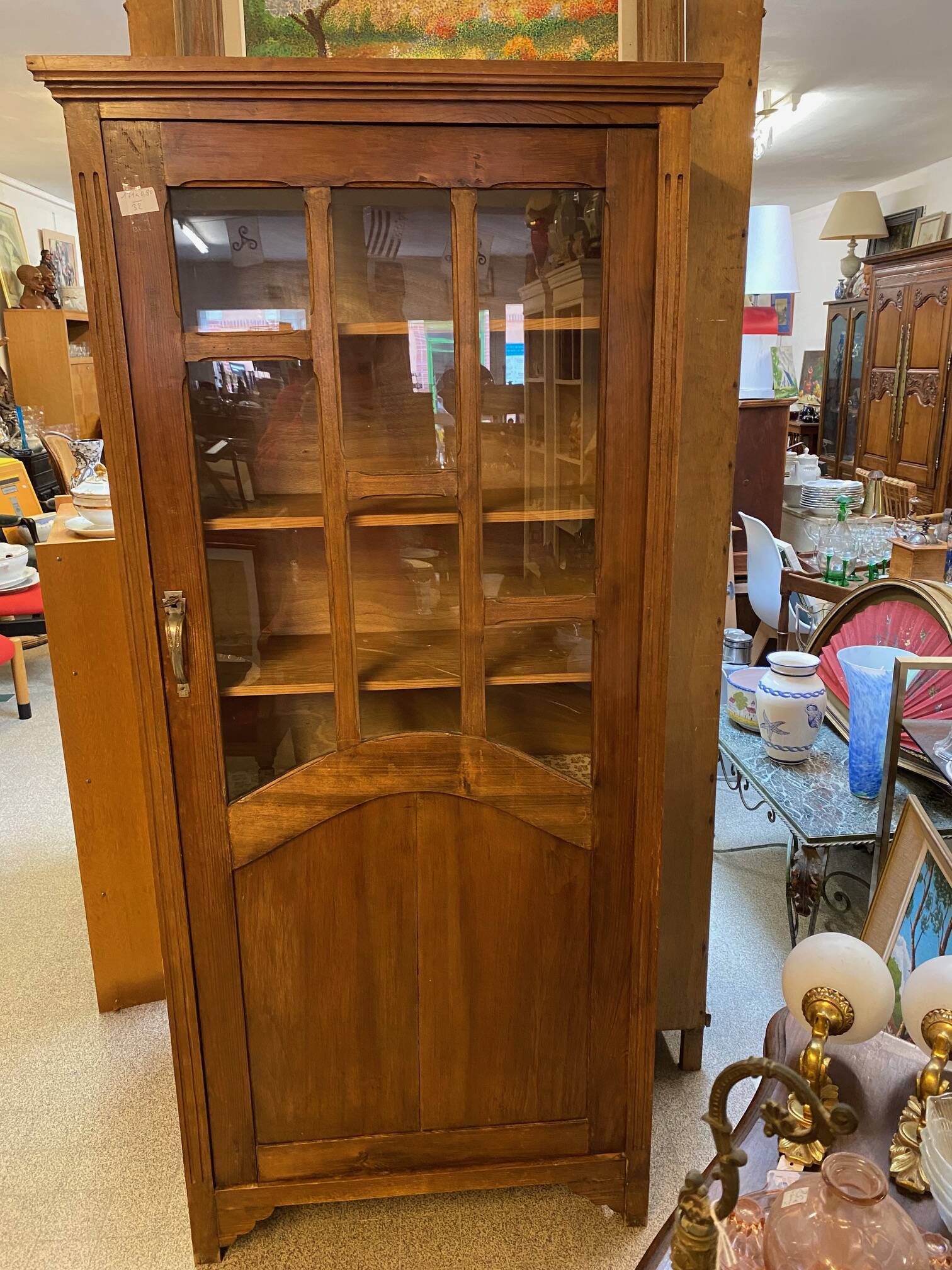 1940s school library in light oak with glass door and shelves
