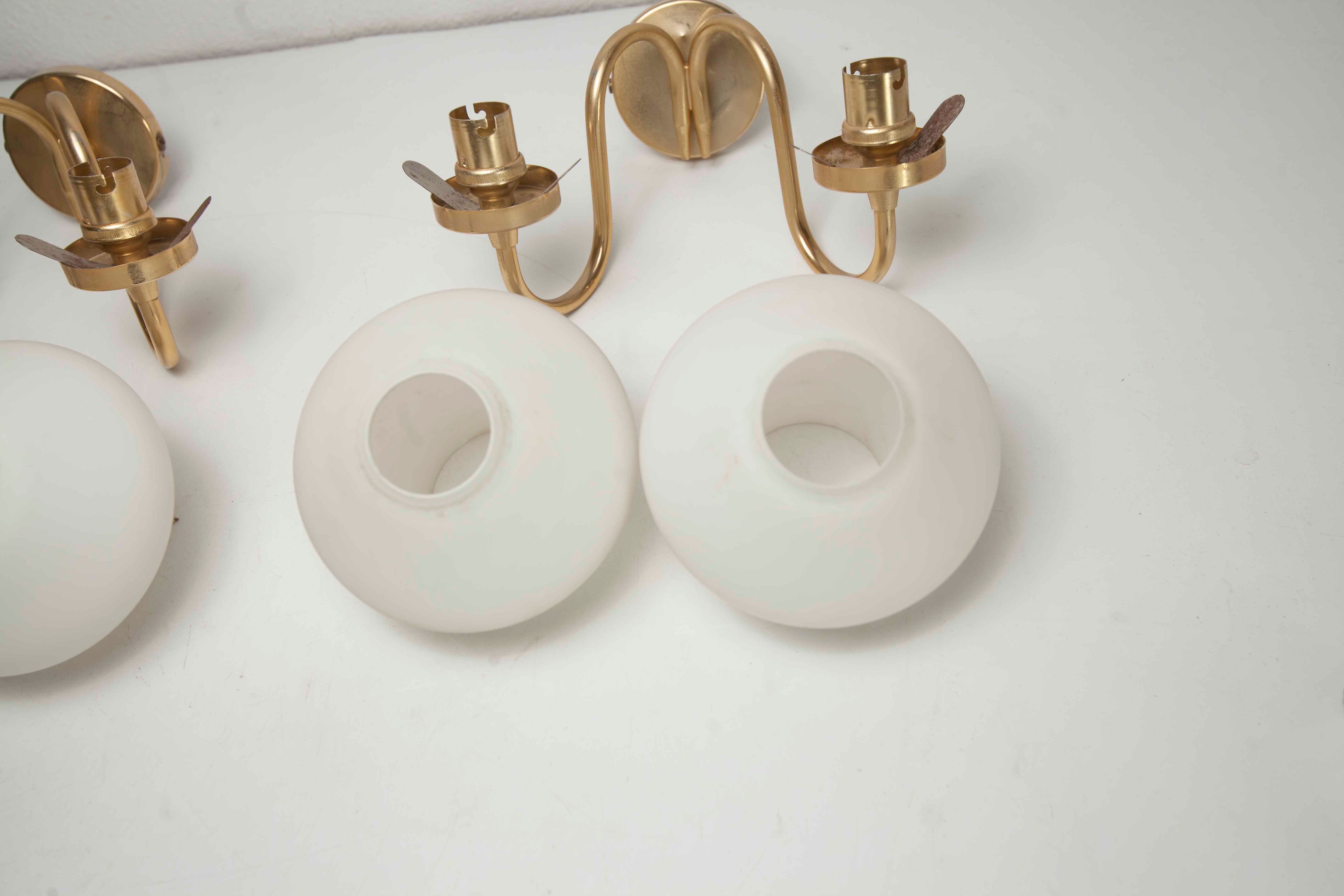 Pair of 60s brass and opaline sconces