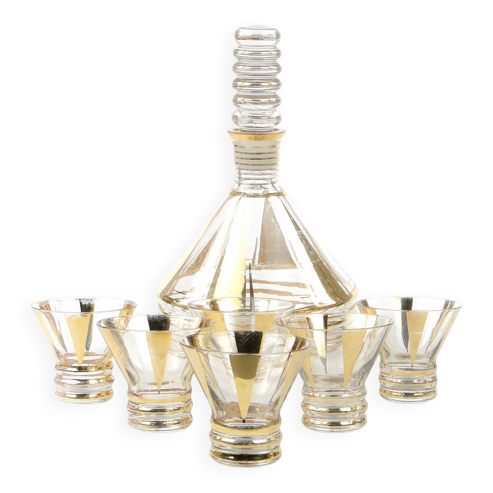 Mid-century modern liqueur set, clear gilded glass, Kamenický Šenov, Czechoslovakia, 1950s