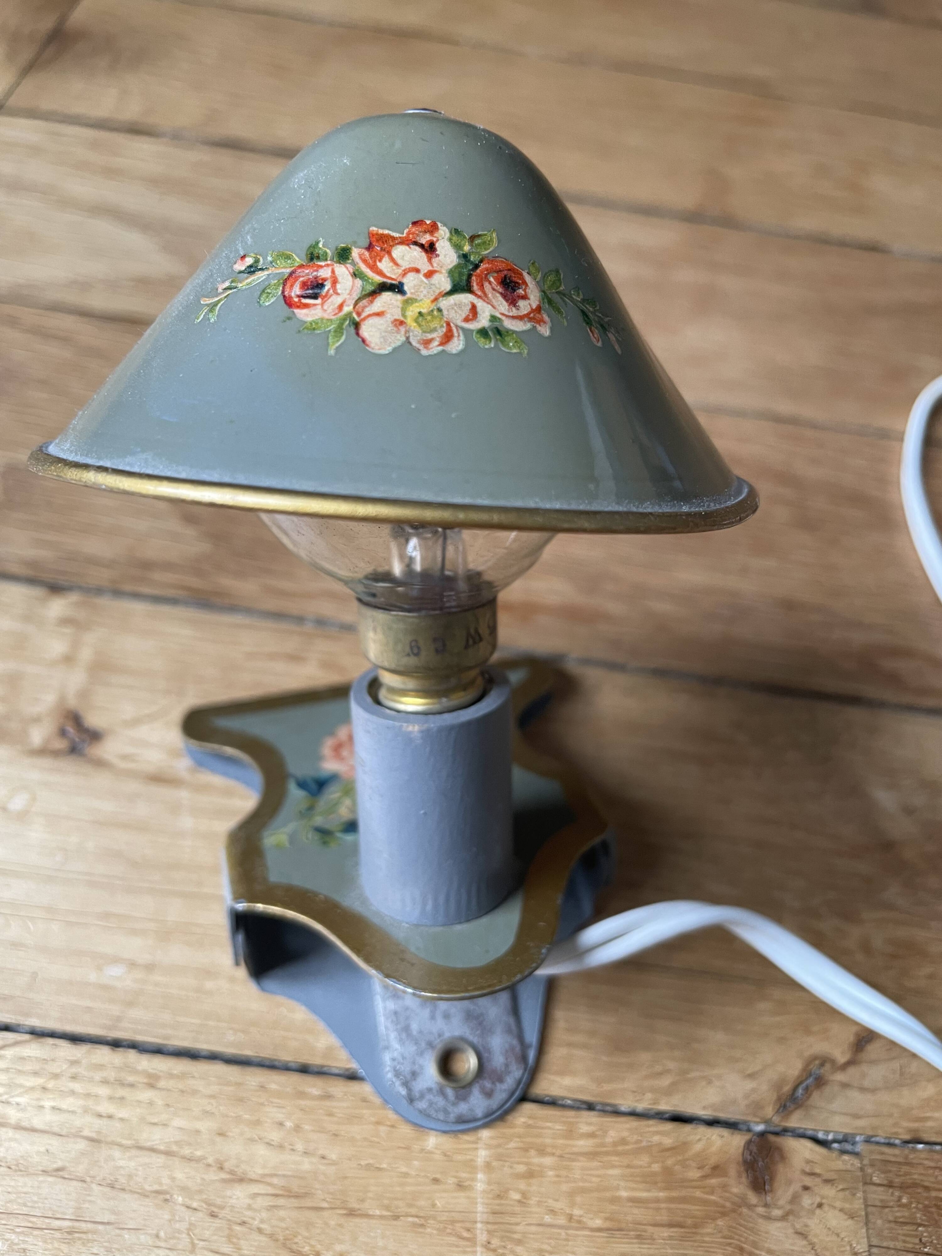 Small bedside lamp with clip, vintage painted flowers
