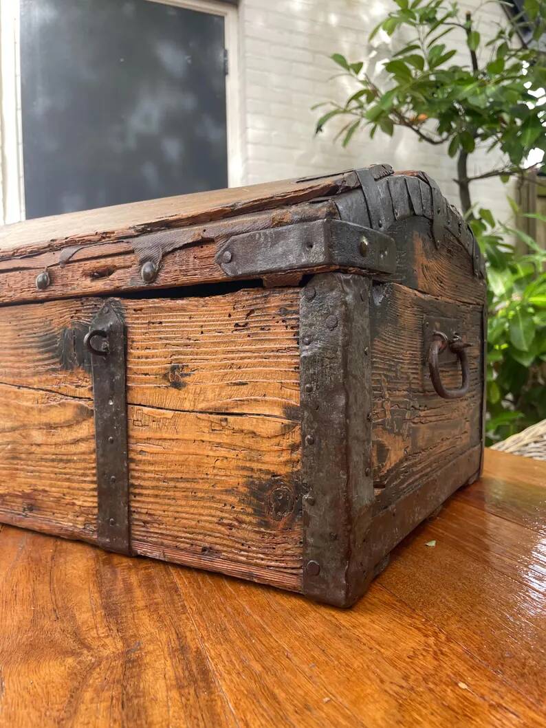 Antique French Wood Iron and Hide Handmade Wood Chest or Trunk