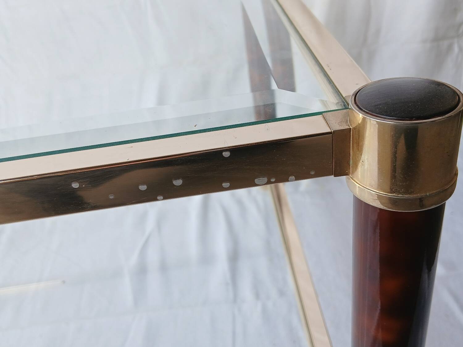 70s glass and brass coffee table