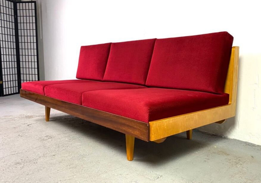 Daybed in beech and red fabric by jitona, vintage czech 1970s