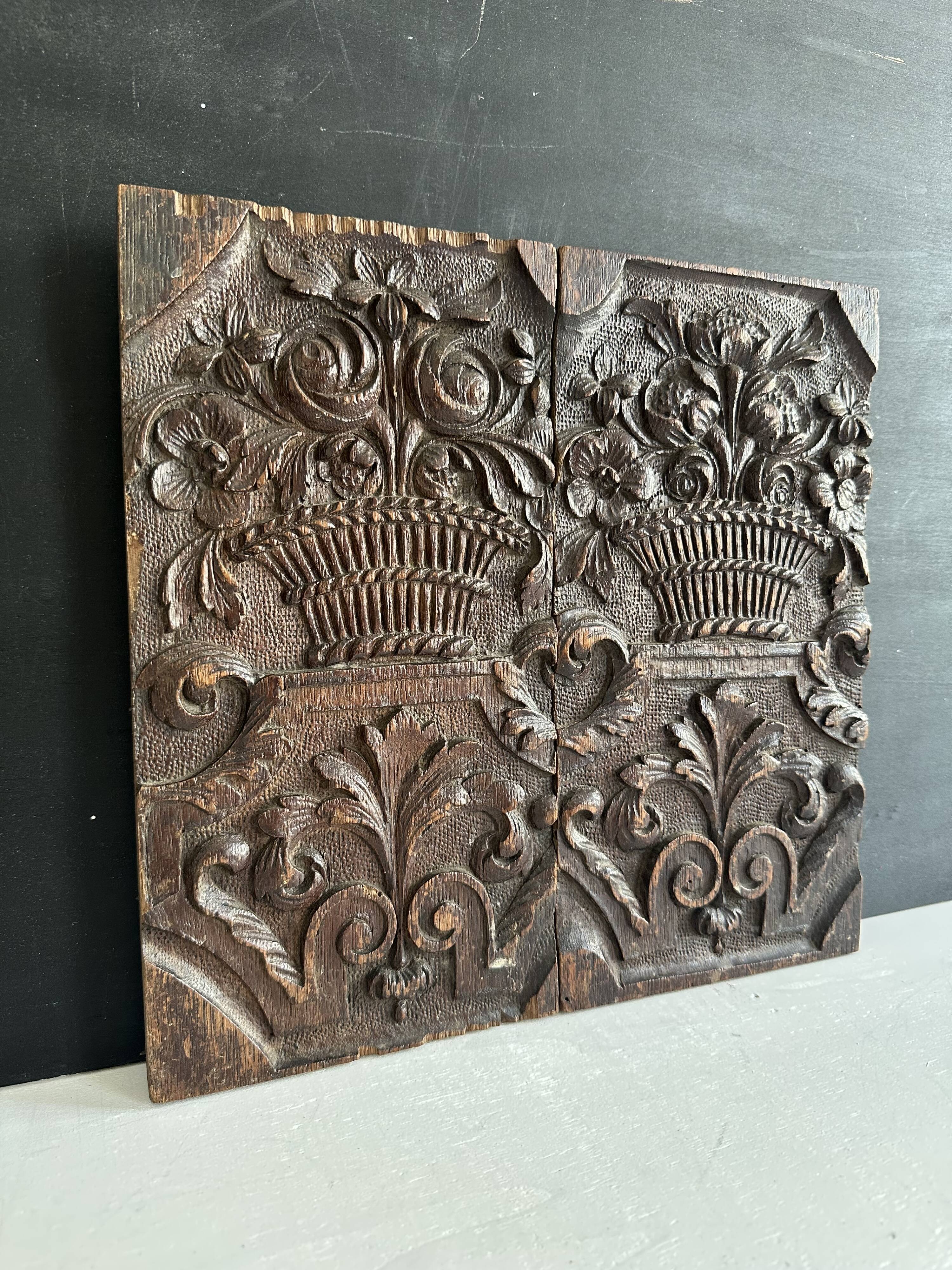 Pair of antique decorative panels in carved wood, 19th century