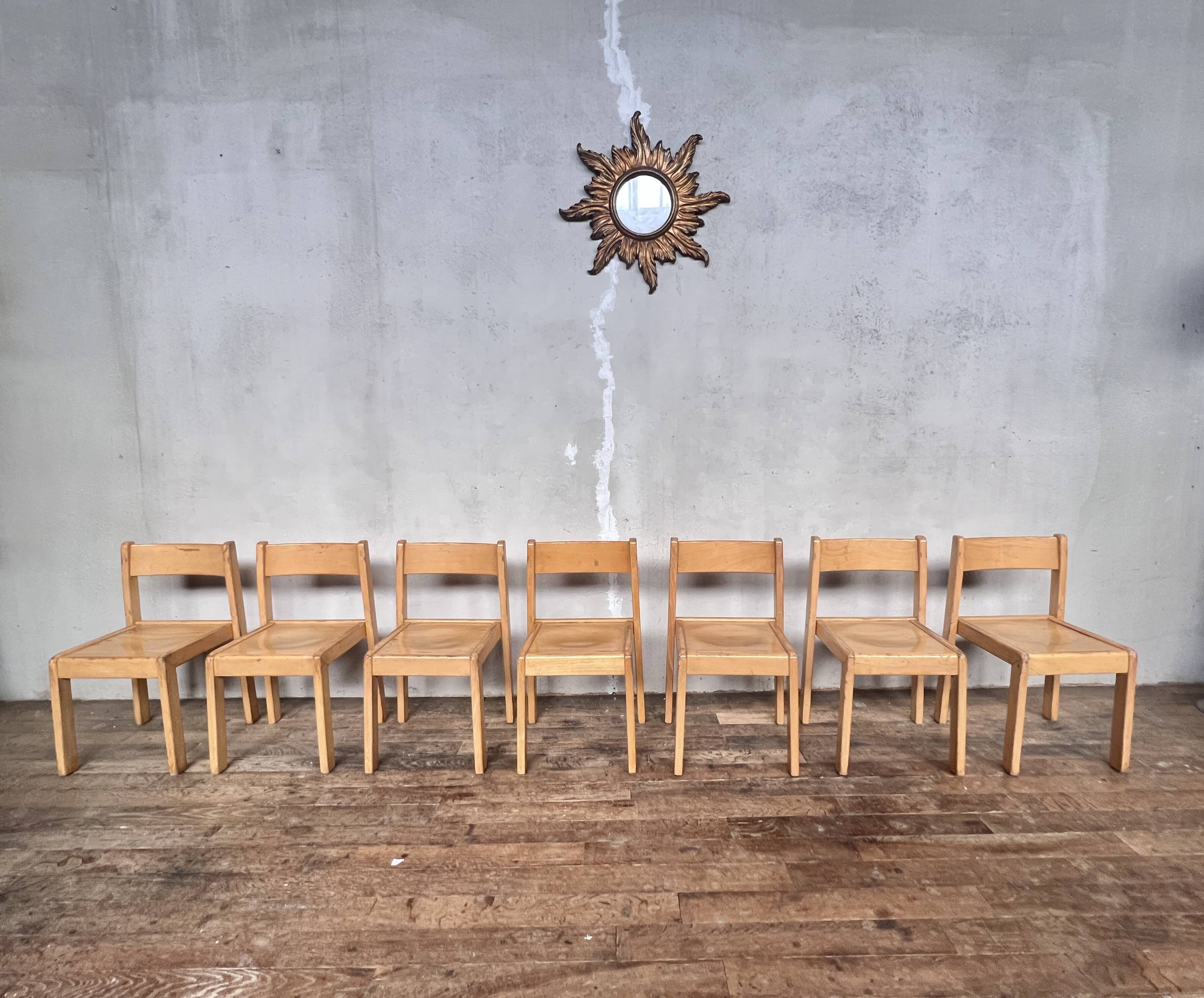 Series of 7 vintage Scandinavian bohemian wooden children's chairs