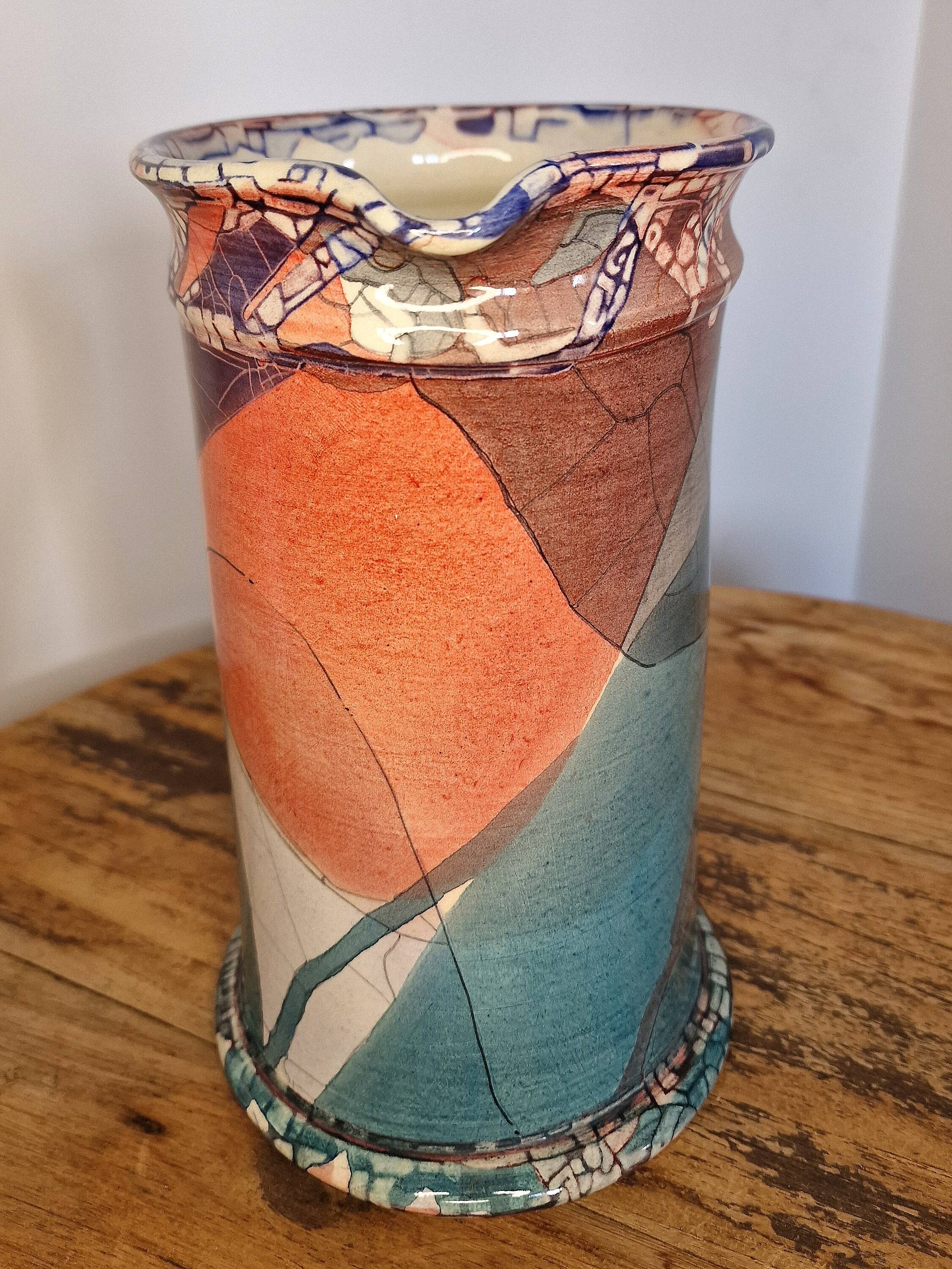 Large sculptural ceramic pitcher by a signed artist – abstract decoration