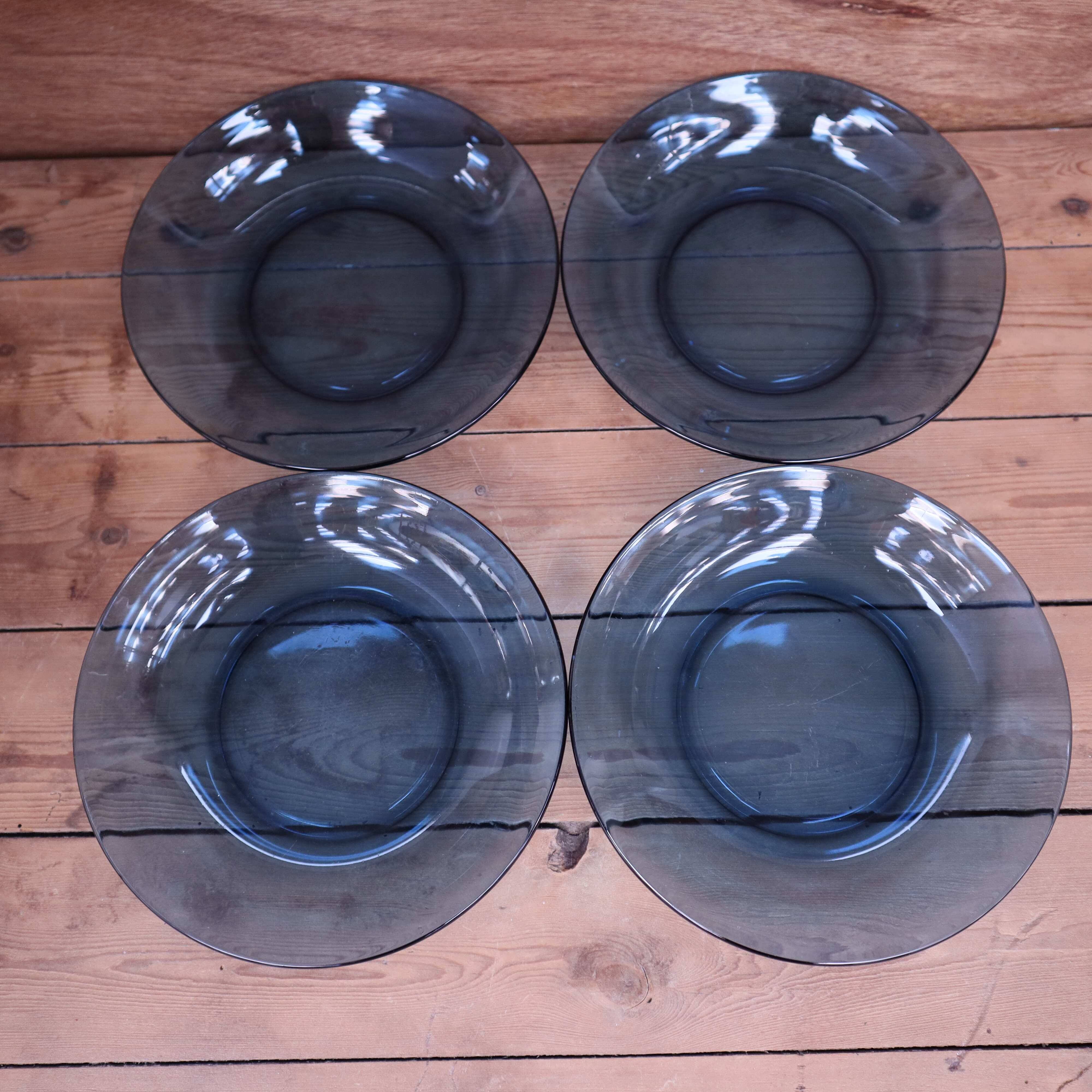 4 vintage blue tempered glass soup plates Vereco France