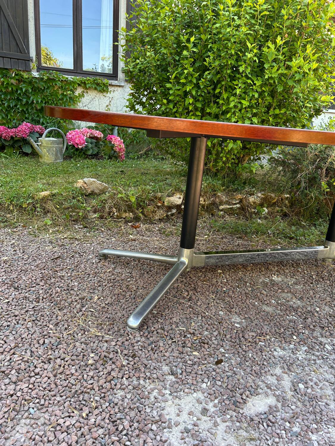Vintage oval wooden and metal dining table from the 60s and 70s