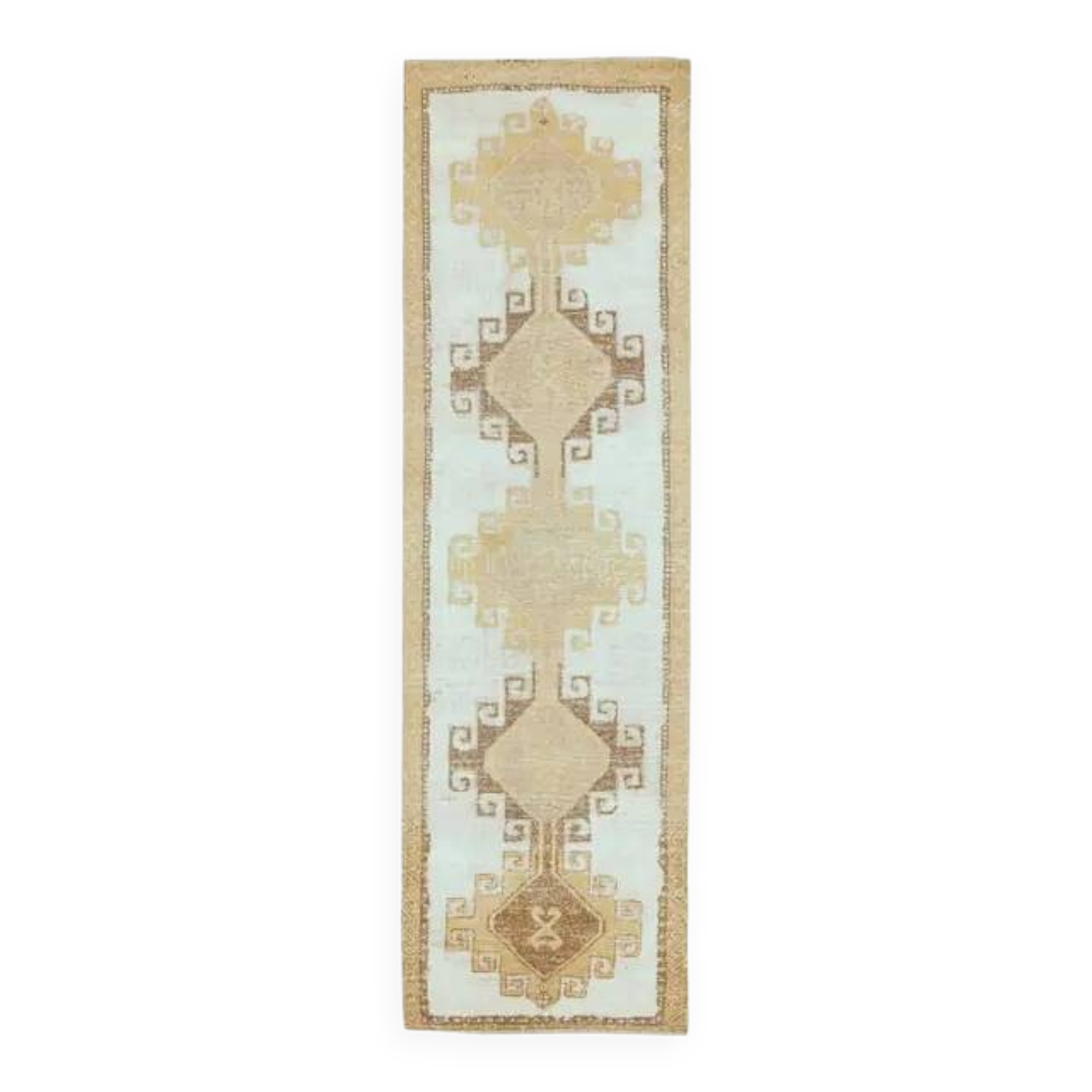 1970s Turkish Hand-Knotted Wool Cotton White Runner Rug 92x322