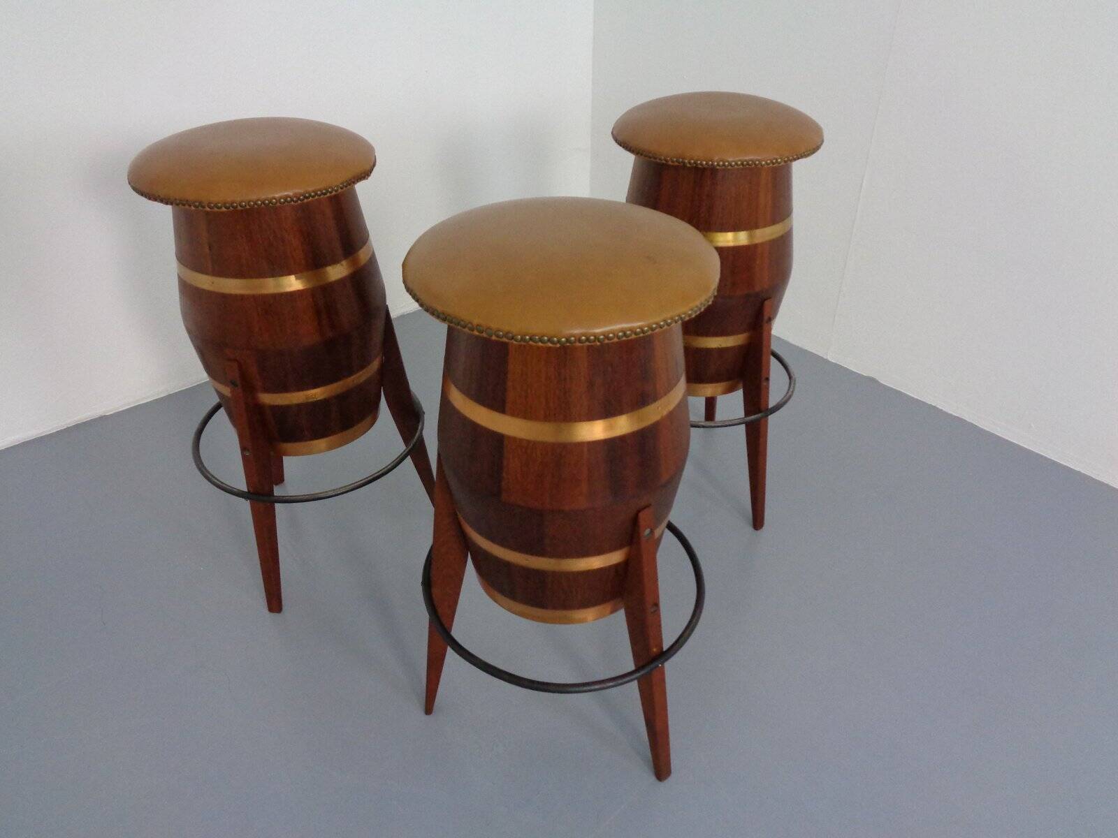 Mid-Century Teak & Copper Bar Stools, 1960s, Set of 3